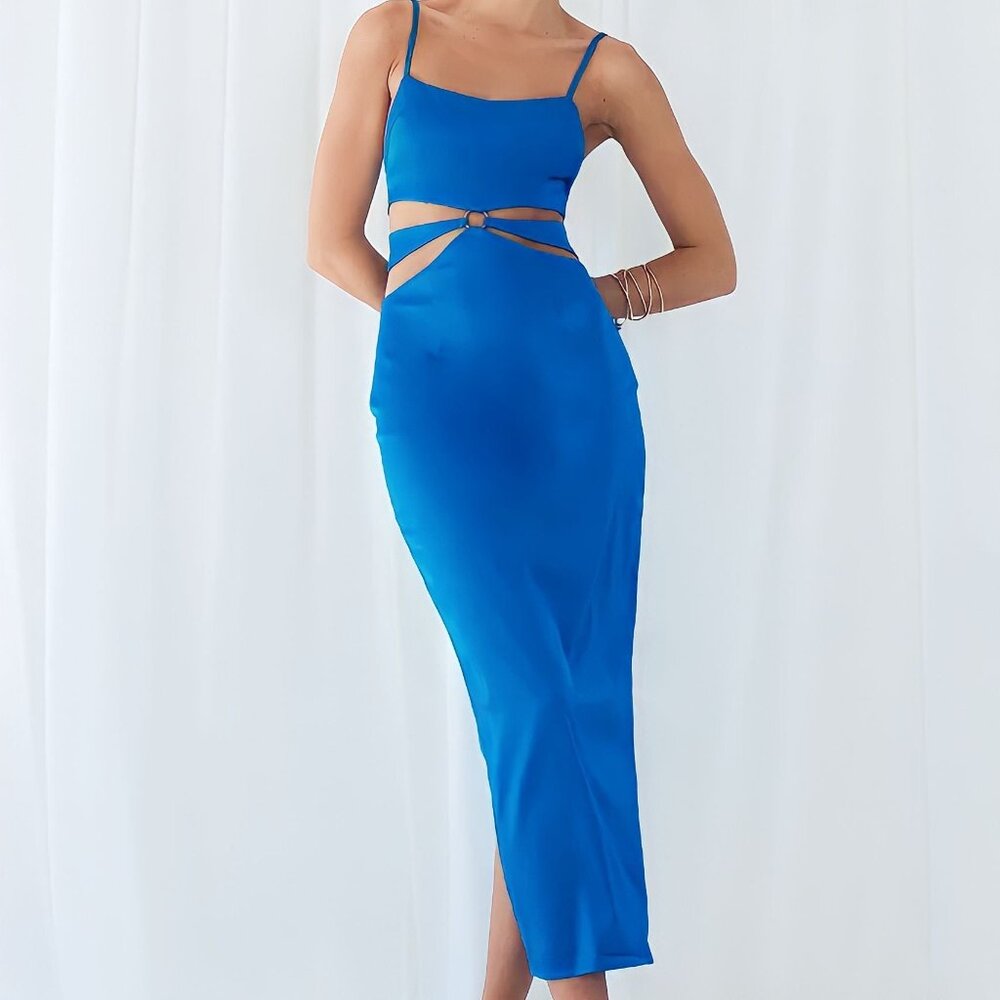 Runaway The Label blue satin dress with Cut-out. Brand New with Tags